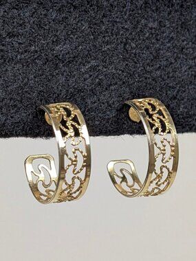 (2/$20) Gold Tone Fancy Cut Out Open Hoop Earrings